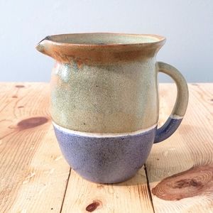 Handmade Stonewear Pottery Pitcher With Handle Spout Blue Green 6 inch